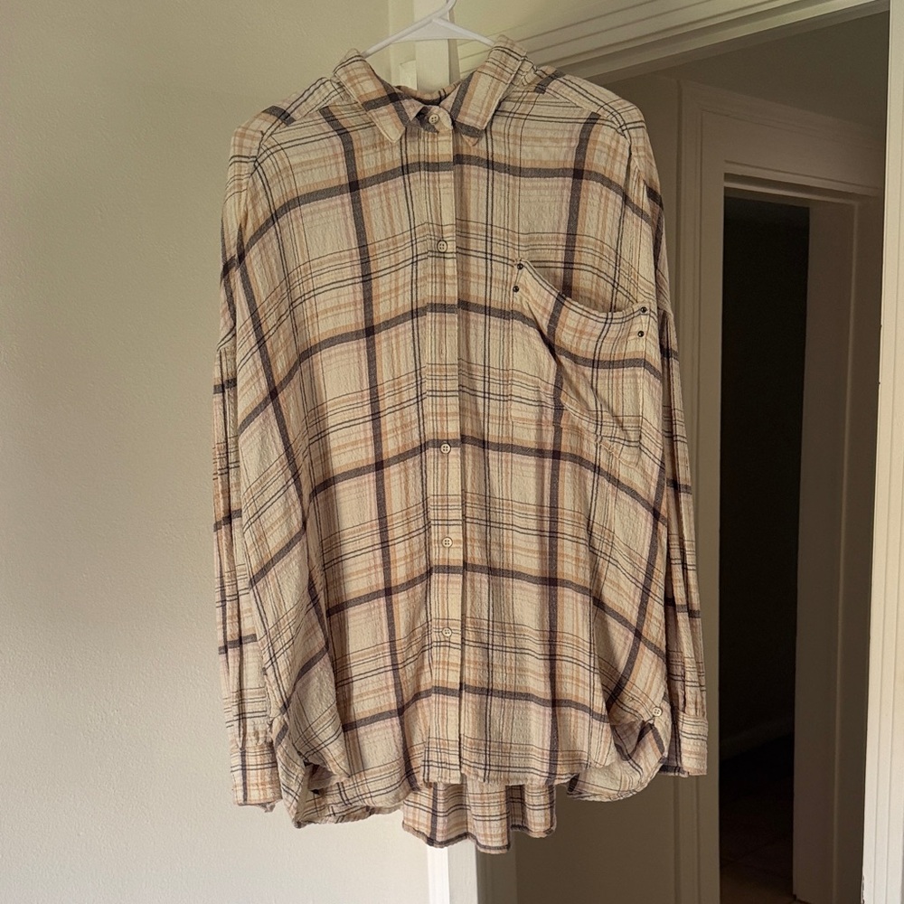 We The Free Plaid Button-Down in Beige and Navy
